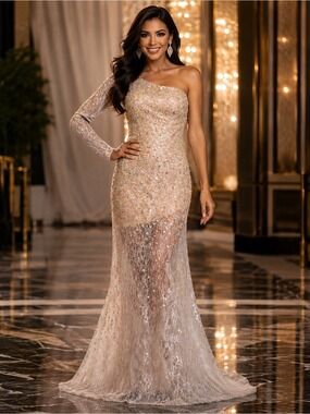 Size 4 One Sleeve Mini Dress beaded lace Prom Pageant homecoming Fun Fashion NWT
